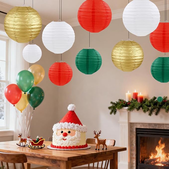 Christmas Paper Lanterns Red Green White Gold Hanging Paper Lanterns for Birthday Wedding Festival Christmas Party Decorations (12 PCS)
