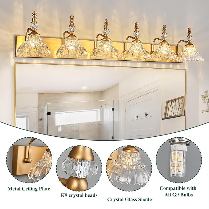 Vintage Bathroom Vanity Light, 6-Light Brass Vanity Lighting Fixture with Flower Glass Shade, Bathroom Lighting Fixtures Over Mirror
