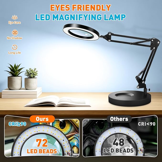 KIRKAS 12X 30X Magnifying Glass with Light and Stand, 2 in 1 LED Desk Lamp | 10 Level Dimmable 3 Color Modes, Lighted Magnifier with Light for Repair, Craft, Sewing, Reading, Close Work - Black