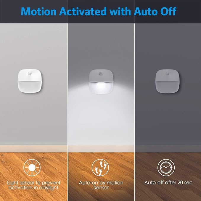 AMIR Upgraded Motion Sensor Stair Light Indoor (White - Pack of 6) | Battery Operated, Cordless Stick-On LED Night Light for Closet, Hallway, Bathroom, Kitchen, Cabinet, Energy Efficient