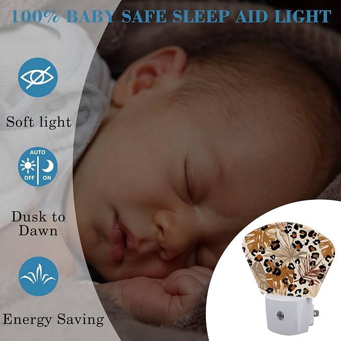 Abstract Leopard Tropical Leaves Night Light Plug into Wall, Camouflage Spots Leaves Night Light with Dusk to Dawn Sensor for Kid Girls Boys Women Men Room, Hallway, Kitchen, Bathroom, Stairs Decor