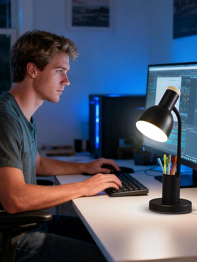 LED Desk Lamp for Home Office, Table Lamp with Pen Holder, 3 Color Modes Reading Light, Eye-Caring Desk Light with Gooseneck, Metal Study Lamp for Dorm Bedside Bedroom (Black Lamp)