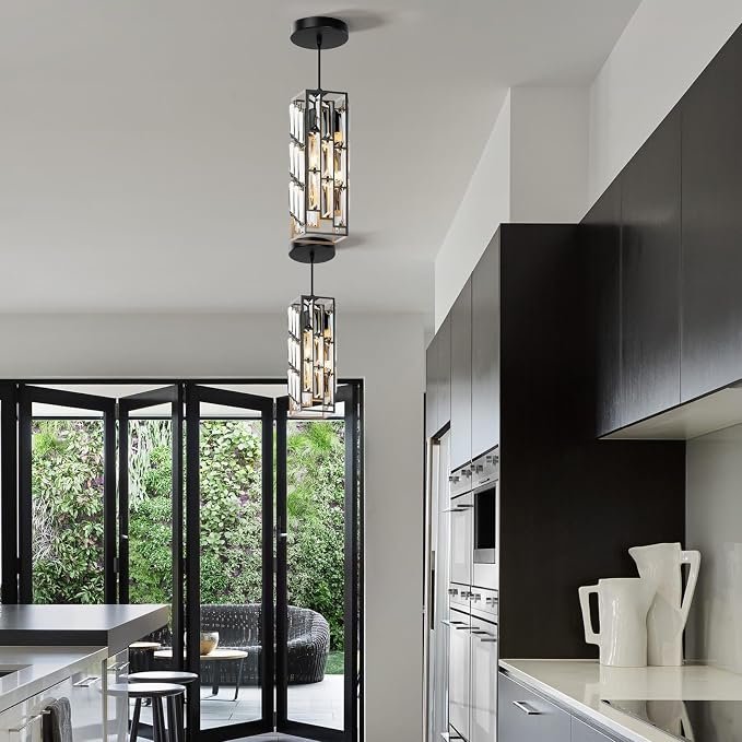 Modern 1-Light Crystal Pendant Light Kitchen Island, Black, 2-Pack | Mini Crystal Chandeliers, Height Adjustable Cord, Ceiling Hanging Lighting for Kitchen Island Dining Room Bedroom