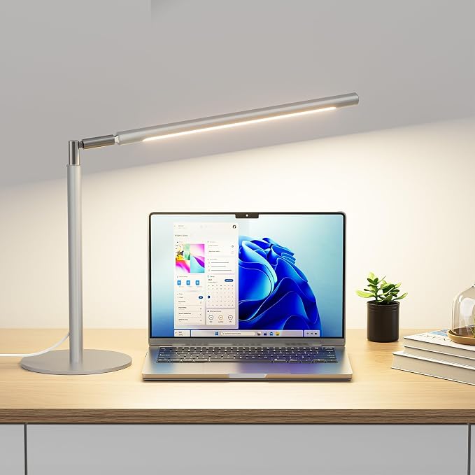Silver LED Desk Lamp, 16" Dimmable Metal Desk Light with Base, 15W 1200LM, Adapter Included, Color & Brightness Adjustable, Modern Tall Table Lamp for Home Office Reading Study Task Laptop