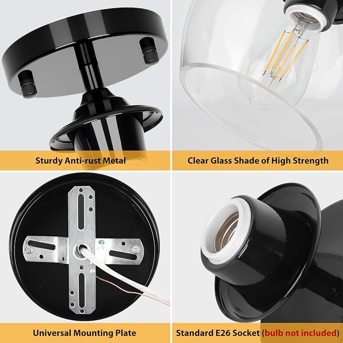 Modern Semi Flush Mount Ceiling Light with Clear Glass Shade, Black | Quick & Easy Installation, Premium Quality, Perfect for Hallway Kitchen Entryway Laundry