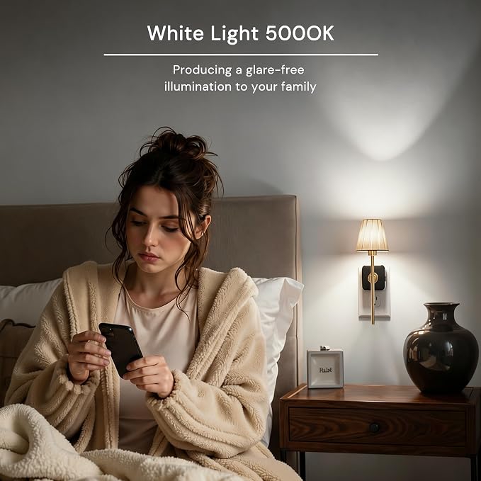 L LOHAS LED Night Lights Plug into Wall, Pleated Fabric Cover Night Light | 5000K Daylight with 0-100LM Dimmable Night-light, Dusk to Dawn Sensor Vintage Nightlight for Bedroom Living Room