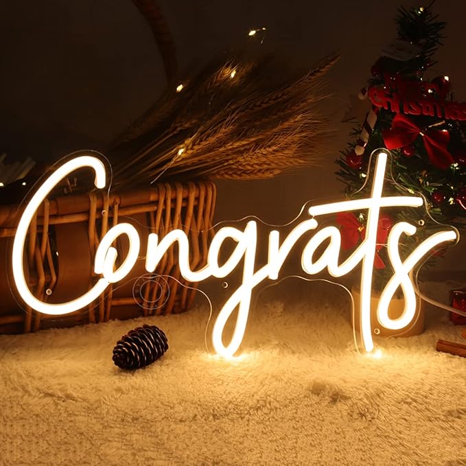 SYLHOME Congrats LED Neon Light Sign for Wedding Birthday Party Graduation Background Wall Decor Sign Celebration Banquet Light Up Sign 15.75" X 7.4" USB Indoors Warm White