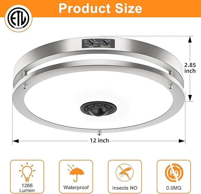 24W LED Motion Sensor Outdoor Ceiling Light, 12IN 2700K/3000K/3500K/4000K/5000K Adjustable Ceiling Lights, Dusk to Dawn Flush Mount LED Ceiling Light Fixture for Porch, Garage, Nickel, 2 Pack