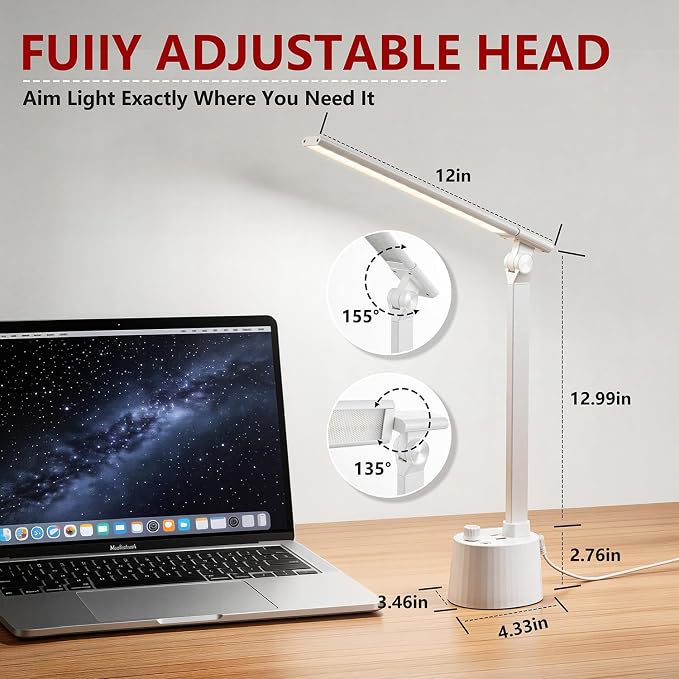 BOHON Small Desk Lamp with USB C Charging Port 5 Colors Stepless Dim White | Reading Light Space-Saving Rotating Head Desk Lamp for Home Office College Dorm Room Bedside Table Bedroom