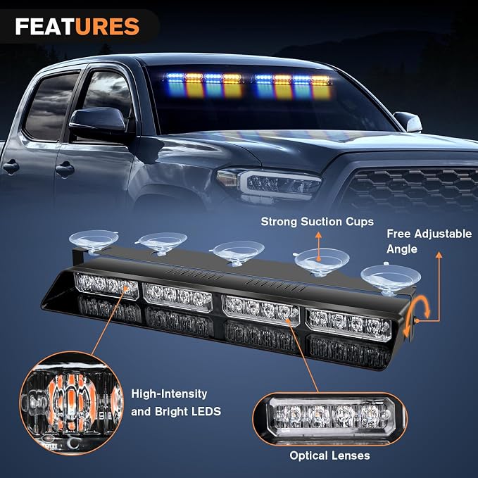 Nilight 32LED Amber Blue Emergency Dash Strobe Lights with Controller | Suction Cups Warning Hazard Interior Front/Rear Windshield Deck Split Light Bar for Trucks Construction Vehicles