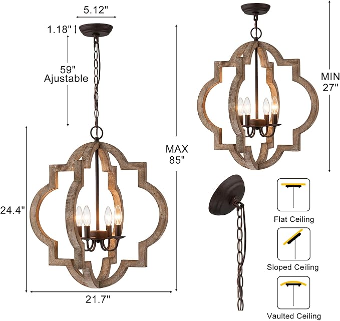22" Farmhouse Chandelier Orb Distressed Wood Oak Dining Room Light Fixture | Rustic Country Style,Large Lantern, 4-Light Hanging Pendant Light For Foyer Entryway Kitchen Island Bedroom Over Table