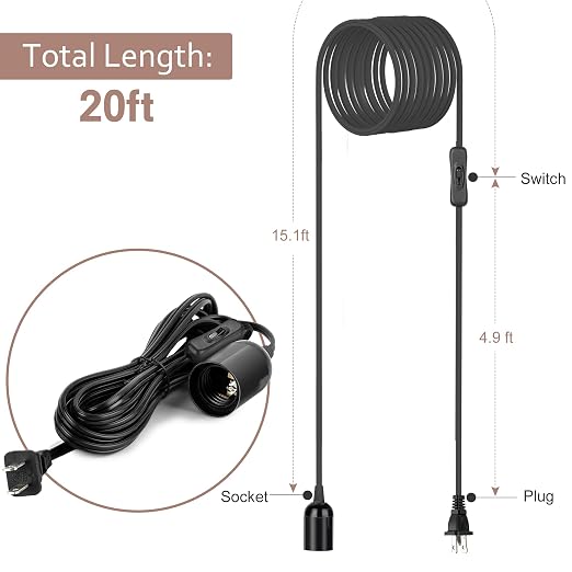 JACKYLED UL-Listed 20Ft Extension Hanging Lantern Cord Cable 2-Pack Black | 360W with E26 E27 Socket On/Off Button Pendant Lighting