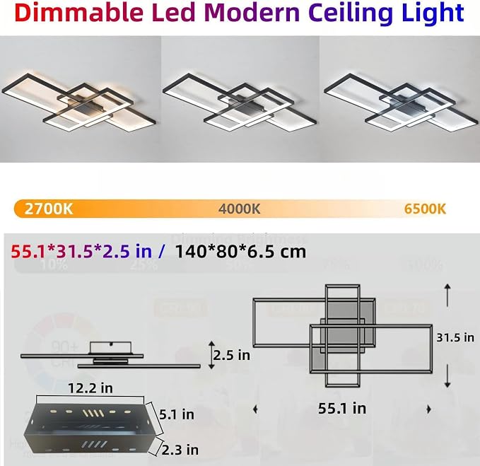 55″ 82W Modern Ceiling Light 3000-6500K Dimmable Kitchen Light Fixtures | Timer Night light Memory function Adjustable brightness color temperature Flush Mount Light Fixture remote control Bedroom