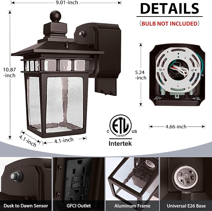 Bronze Outdoor Lights with GFCI Outlet,Dusk to Dawn Porch Light,Waterpoof Exterior Wall Light Fixture,Aluminum Outdoor Wall Sconce,Front Door Light Outside Lights for House,Garage,E26