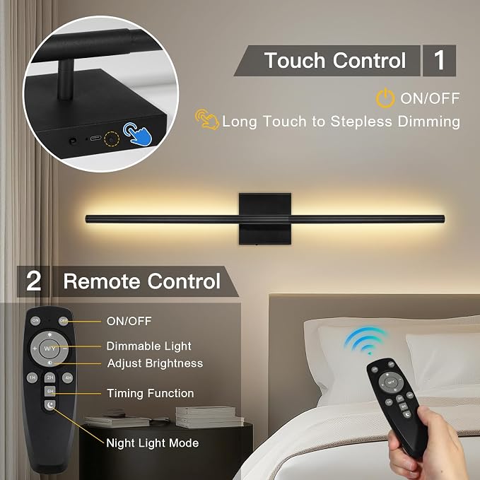 Battery Operated Wall Sconces Set of Two, Wireless Wall Sconces 31.5 Inch | Rechargeable, Remote Control, Dimmable, 360°Rotate, Cordless Wall Light Decor for Living Room, Hallway, Timing, Black