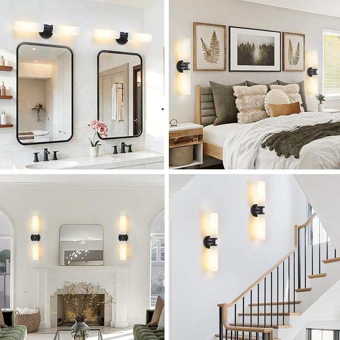 Lanhall 2 Light Black Bathroom Light Fixture Over Mirror, Modern Farmhouse Bathroom Vanity Lights with Milky White Frosted Glass Shade, Wall Sconce for Bathroom Mirror Hallway Cabinet Bedroom Porch