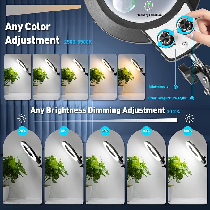 KIRKAS 12X 30X Magnifying Glass with Light and Stand, Overhead Knob 2 in 1 | Lighted Magnifier Lamp for Workbench, Craft, Sewing, Repair, Real Glass Lens Stepless Dimming and Color (9.06IN Base & Clamp)