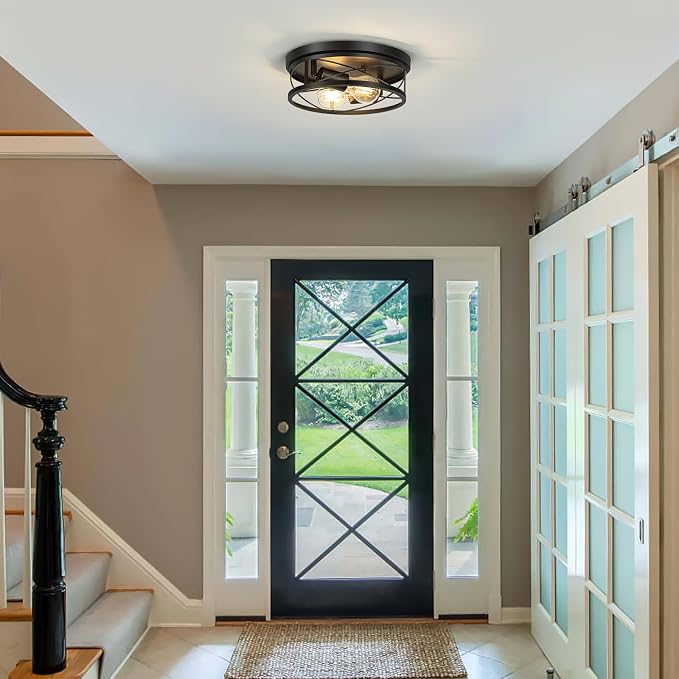 Farmhouse Lights,Black Industrial Flush Mount Ceiling Light, Ceiling Lamp Farmhouse Lighting Fixture for Hallway, Bedroom, Kitchen, Entrance, 2-Light