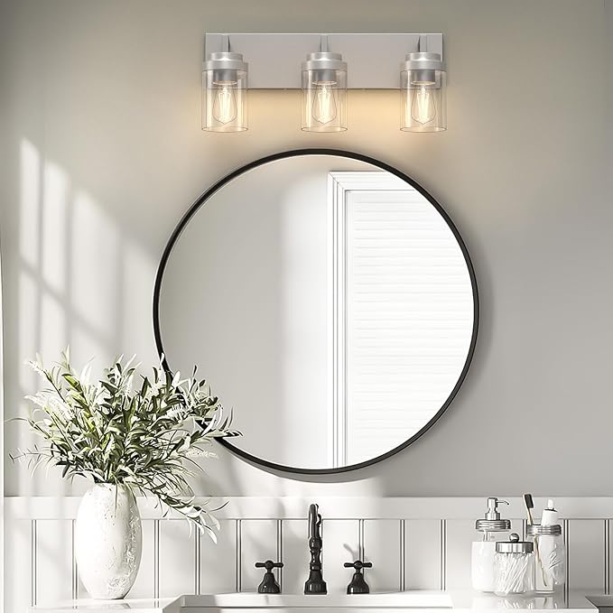 Bathroom Lighting Fixtures, 3-Light Bathroom Vanity Lights Over Mirror, Brushed Nickel Vanity Light with Glass Shade, Modern Vanity Lighting Fixtures for Bathroom, Bedroom, Hallway