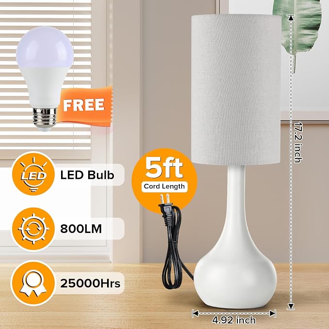 Touch Bedside Lamp for Nightstand,3-Way Dimmable,Space Saving & No Assembly Required, Upgraded Small Droplet White Table Lamp for Bedroom, Living Room (LED Bulb Included)