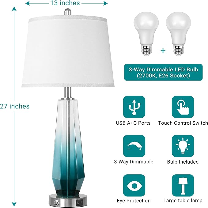 QiMH Glass Table lamps for living room, Modern Bedside Lamps for Bedrooms,27.5" Tall Nightstand Lamps Set of 2 with 3-Way Dimmable Touch Control, White Linen Shade,USB A/C Charging Ports,Gradient Teal