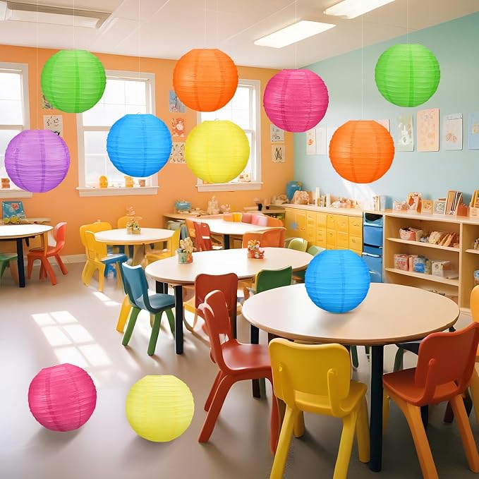 12 Pcs 10 Inch Hanging Paper Lanterns Party Decorations Modern Neon Classroom Decor for Birthday Back to School Party Decoration for Classrooms Wedding Birthday Ceilings