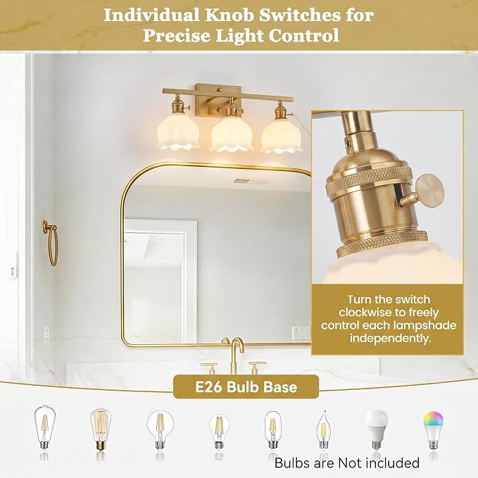 3-Light Vintage Bathroom Vanity Light, 19.4" Brass Hardwired Wall Sconce with Amber Tulip Glass Shades, Brushed Gold Vanity Light for Mirror, Restroom, Bedroom (White, 3-Light)