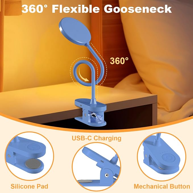 Rechargeable Desk Lamp with Clamp, 97 LED Eye-Care Table Light for Kids Bedroom with 3 Color & 10 Brightness, Cordless Clip on Lamp for Bed Book Reading Crafting Drawing Gaming Puzzle (Blue/4.7'') | 10 Brightness Levels, Clamp Lamp with USB-C, 15.8'' F...