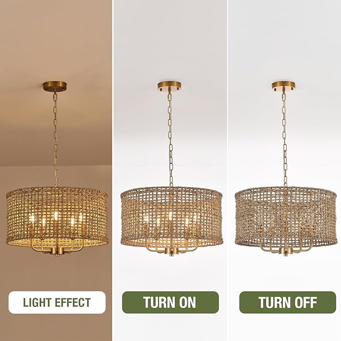 Boho Hand-Woven Rattan Chandelier Vintage Farmhouse Bamboo Golden Chandelier Modern 5-Lights Drum Wicker Gold Chandeliers for Dining Room, Kitchen, Living Room, Entryway, Bedroom, E12