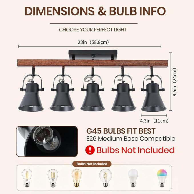 5-Light Track Lighting Fixture Ceiling, Industrial Black Semi Flush Mount Ceiling Light with Rotatable Spotlights, Farmhouse Wood Grain Metal Kitchen Lighting for Living Room Dining Room Hallway