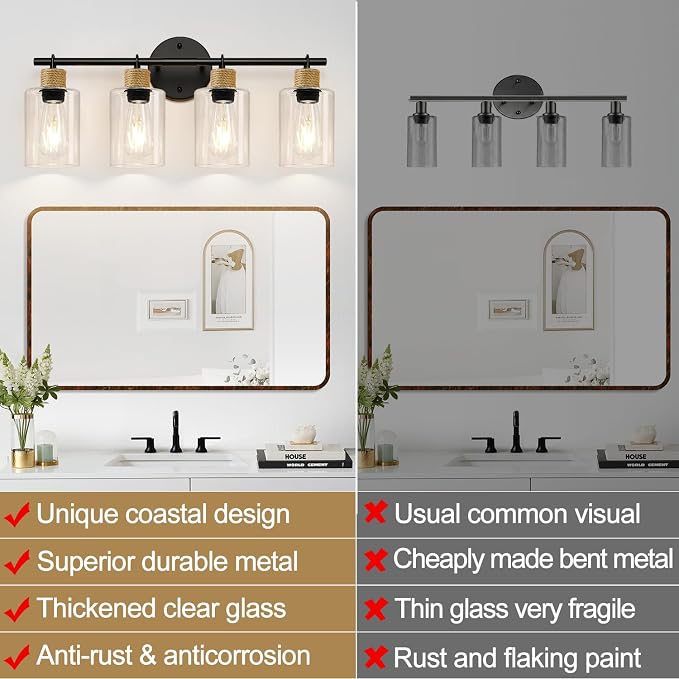 MOKATNG Bathroom Light Fixtures, 4-Light Farmhouse Vanity Lights with Hemp Rope, Black Bathroom Wall Lamp for Mirror Kitchen Hallway Cabinet