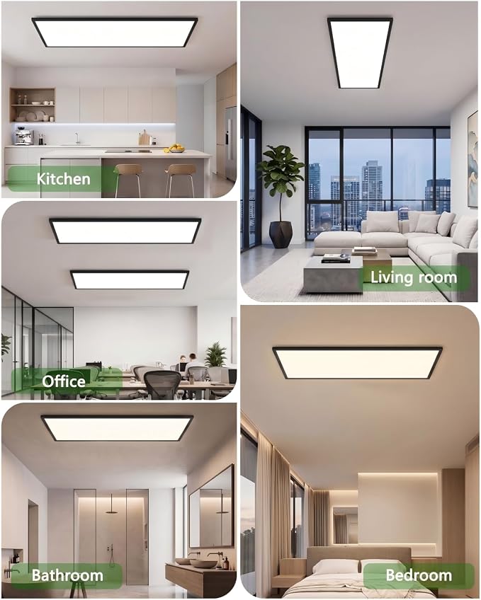 1Pack Black 37.8In Flush Mount Ceiling Light, 24W 5280lm Thyristor (TRIAC) Dimmable Rectangle LED Ceiling Light,3-CCT 3000-6500K with Memory Funcation,IP54 for Kitchen/Bathroom/Hallway/Office