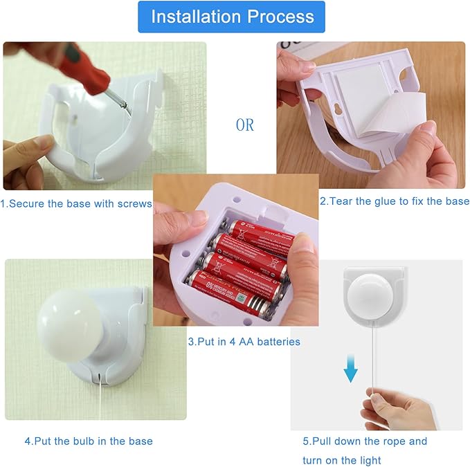 2 Pack Battery Operated Light Bulb, Stick-Up Battery Powered Wireless LED Closet Light Bulb, Self Adhesive Wall Mounted Light Fixture with Pull Chain for Cabinet Bedroom Living Room Kitchen