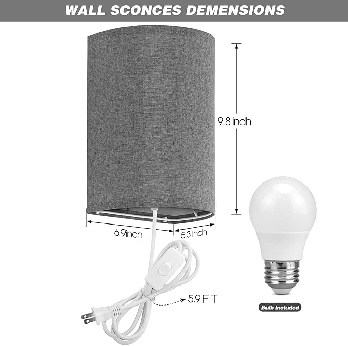 Wall Sconces Set of Two, Fabric Shades Plug in Wall Sconces | 3 Color Temperature Switching Wall Light Fixtures, Wall Lamp with Plug in Cord, On/Off Switch Wall Lights for Bedroom (Grey)