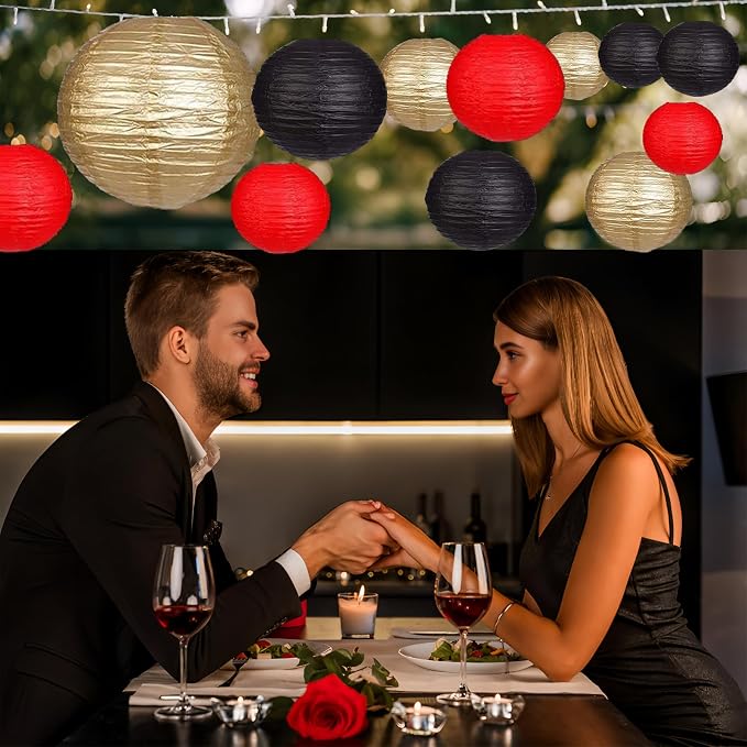 12Pcs Paper Lanterns 6”, 8”, 10”, 12”,Paperlanterns Party Decoration, Black Red Gold Paper Lanterns for Wedding, Bridal, Birthday, Outdoor, Home, Garden, Holiday and Party.
