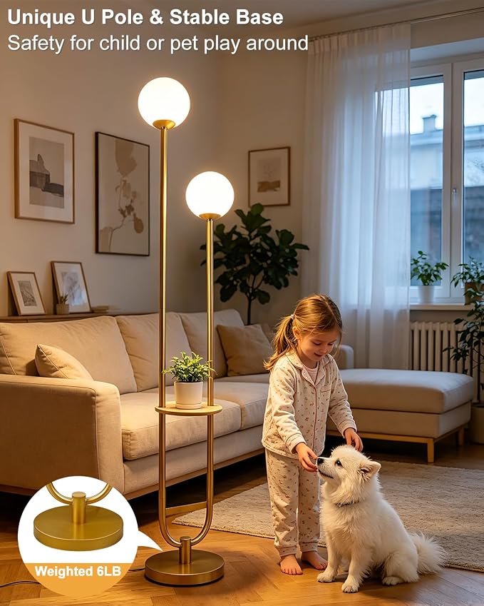 Lightdot 2 Globe Gold Floor Lamp with Table Mid Century Standing Lamps with 3000K LED Bulbs Unique U-Pole Vintage Tall Floor Lamp with 5Lbs Heavy Base for Living Room/Bedroom/Wedding/Party/Home Decor