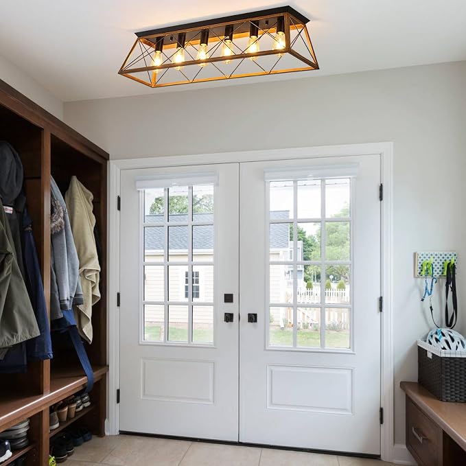 38” Farmhouse Large Flush Mount Ceiling Light Fixture with Walnut Finish | 6-Light Vintage Industrial Flush Mount Chandelier with Cage Design for Dining Room Kitchen Island Living Room Hallway