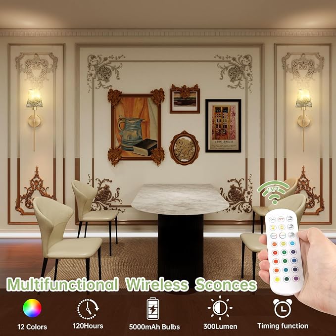 Shenmoyl Battery Operated Wall Sconces Set of 2, Flower Pattern Shade 5000 mAh Rechargeable Bulb with 12 RGB Colors Dimmable Wall Sconce for Living Room Bedroom