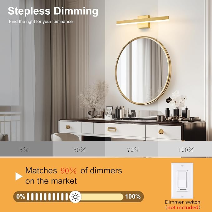 Gold Bathroom Vanity Light Fixture 23.6'' 20W Dimmable 5CCT LED Hardwired | Bathroom Light Fixture Over Mirror, Bathroom Wall Sconce, Rust-resistant, ETL Certificated, 2700K/3000K/3500K/4000K/5000K
