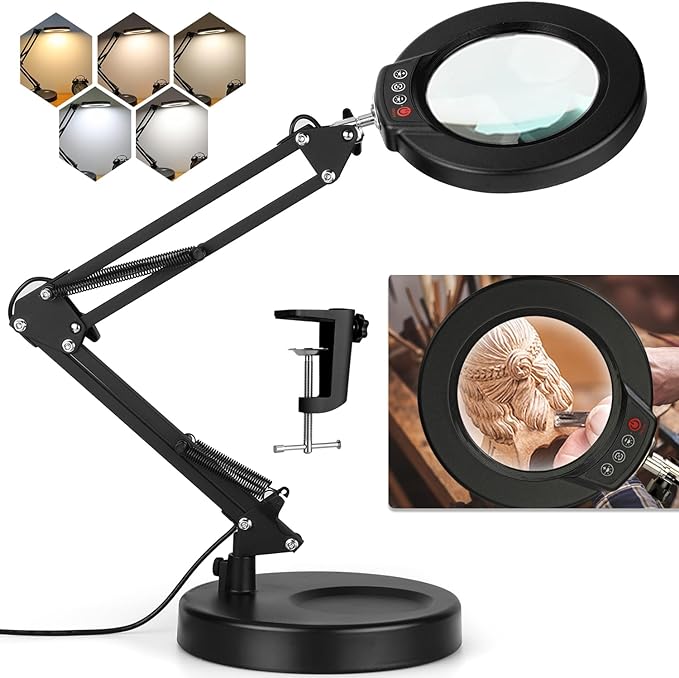12X Magnifying Glass with Light, Krstlv Upgrade Button 5 Color Modes Stepless Dimmable 2-in-1 LED Lighted Desk Lamp & Clamp, Hands Free Magnifier with Light and Stand for Craft Hobby Repair Close Work