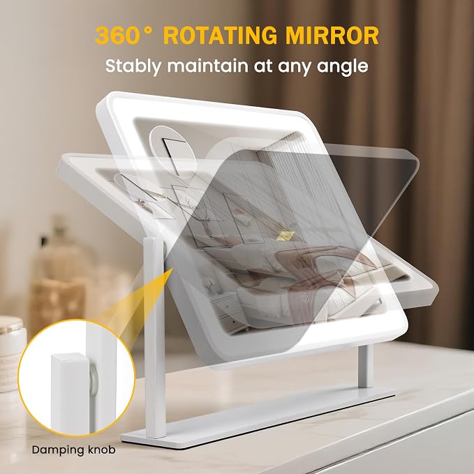 Rechargeable Vanity Mirror with Lights, 3000mAH Battery, 14"×12" LED Makeup Mirror, 10X Magnification, Smart Touch with 3-Color Lighting, 360° Rotation, Lighted Up for Makeup Desk, Bedroom (White)