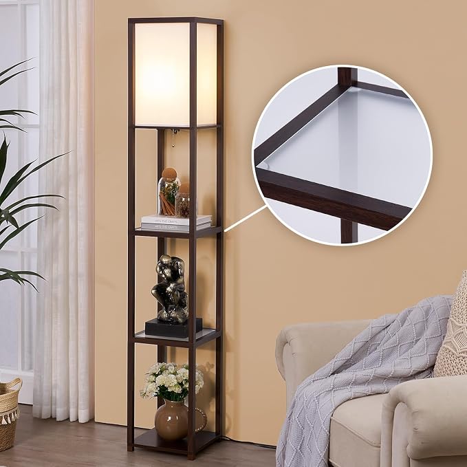 Floor Lamp with Shelves, Modern Square Standing Lamp with Glass Shelves, Corner Display Shelf with Light, Tall Lamp with Shelves for Living Room, Bedroom, Office, Bookshelf, Brown