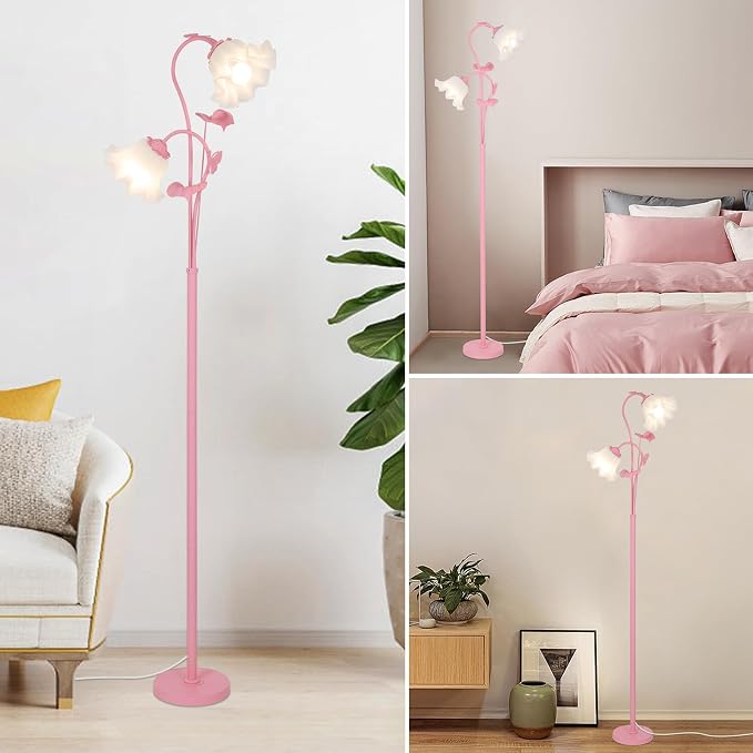 HMVPL Pink Flower Floor Lamp, Floral Standing Lamp with 2 LED 5W Blubs, Foot Switch, Modern Corner Tall Lamp with Acrylic Shade, Girls Cute Floor Lamp for Living Room Bedroom Office Kids Reading