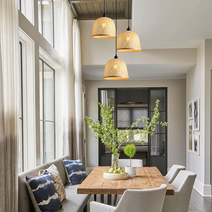 Large Oversized Bamboo Light 19.7inch Hand Woven Wicker Chandelier 1-Light E26 Base for Stairwell, Hallway, Entryway, Indoor Lighting
