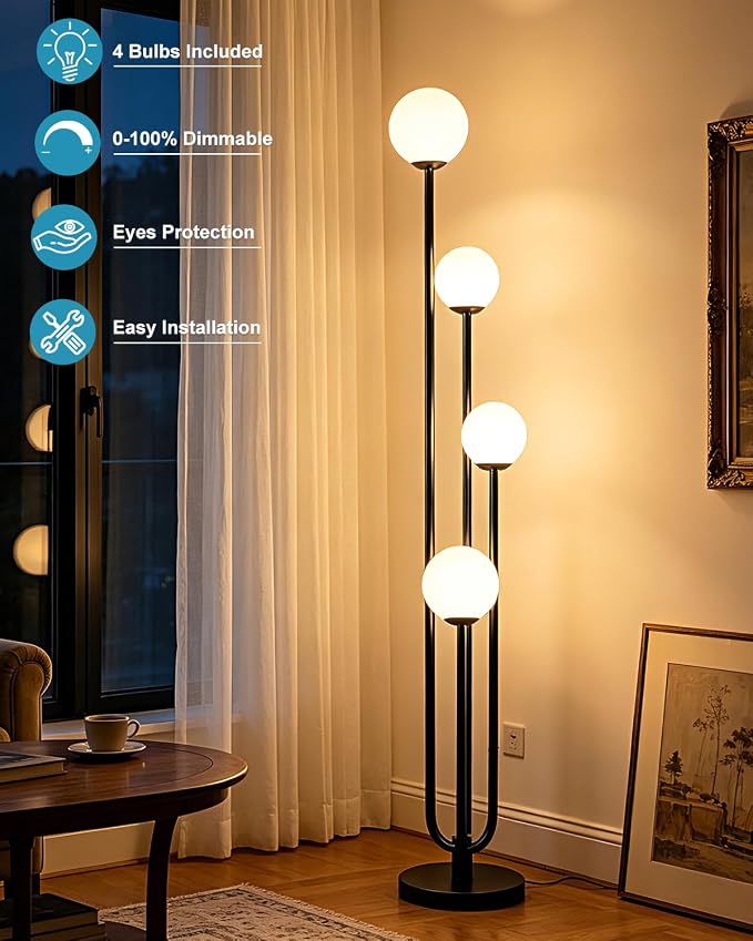 63IN 4-Light Dimmable Floor Lamp, Unique Black Tall Standing Lamps with Globe Shade &3000K Bulbs for Reading, Mid Century Modern Floor Lamp with 5Lbs Heavy Base for Living Room Bedroom Office