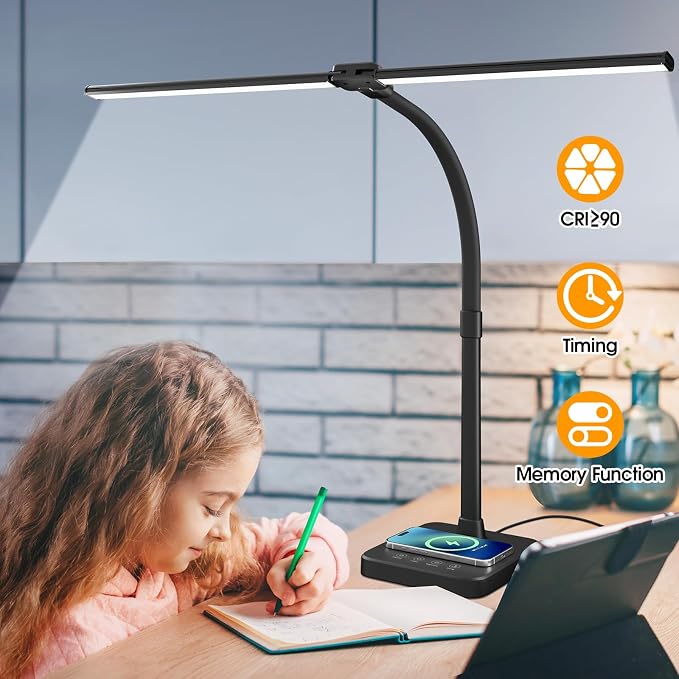 ShineTech LED Desk Lamp, 24W Double Head Desk Light with Wireless Charging | 25 Lighting Modes, USB Port, Dual Swing Arm, Eye-Caring, Auto-Off Timer & Memory Function, for Home Office Dorm Piano Nail