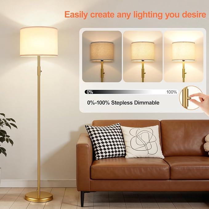 【Upgraded】 Dimmable Gold Floor Lamps for Living Room, 9W LED Bulb Included, Modern Standing Lamp with White Lamp Shade, Tall Pole Light for Bedroom Reading Office Corner Nursery-Gold