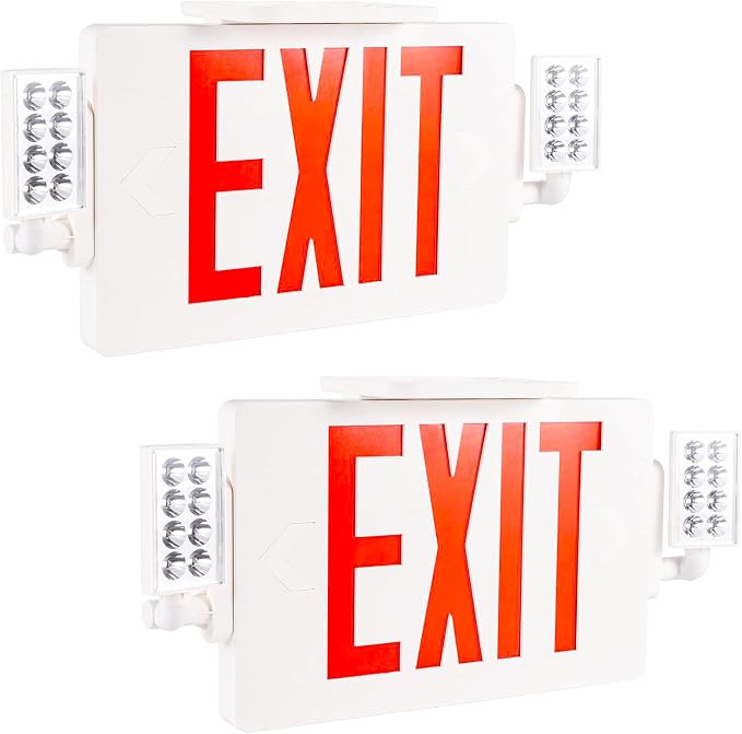 Gruenlich Exit Sign with Emergency Light, Double Face, Battery Backup | Hardwired LED Combo Exit Light for Bussiness, Two Bright and Adjustable Heads, Red, UL 924 and CEC, 120-277 Voltage, 2 Pack