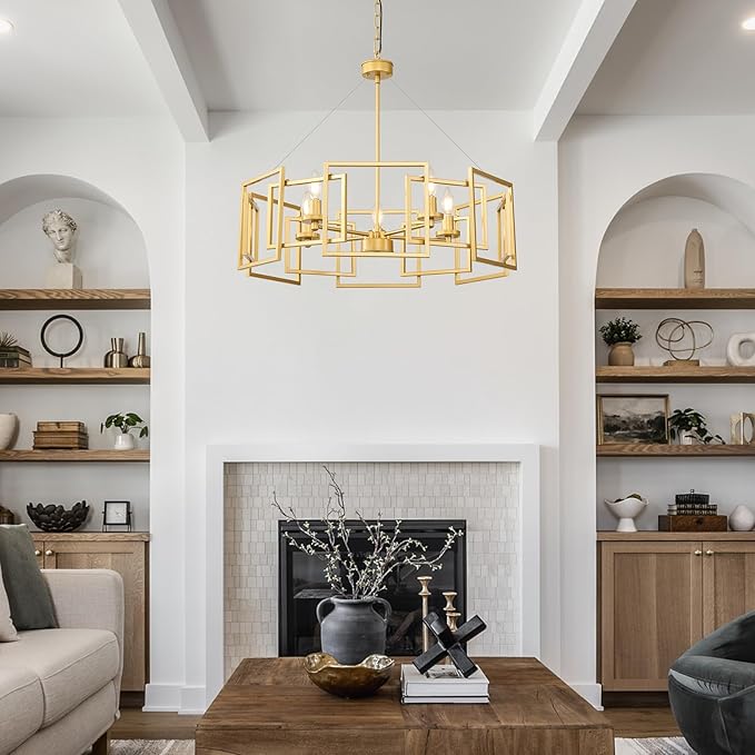 Gold Modern Industrial Geometric Chandelier: 5-Light Adjustable Farmhouse Dining Room light Fixture - Hanging Pendant Ceiling Chandelier Lighting over Table Kitchen Island for Living Bedroom Entryway