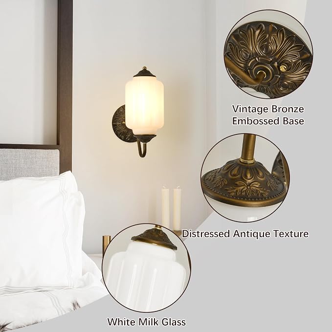 Vintage Milk Glass Wall Sconce - Set of 2,Antique Dimmable Sconce (Bulb×2) | Mid Century Brass Gold,Install Up or Down,Art Deco Retro Vanity Light Fixture for Hallway Bathroom Bedroom Bedside